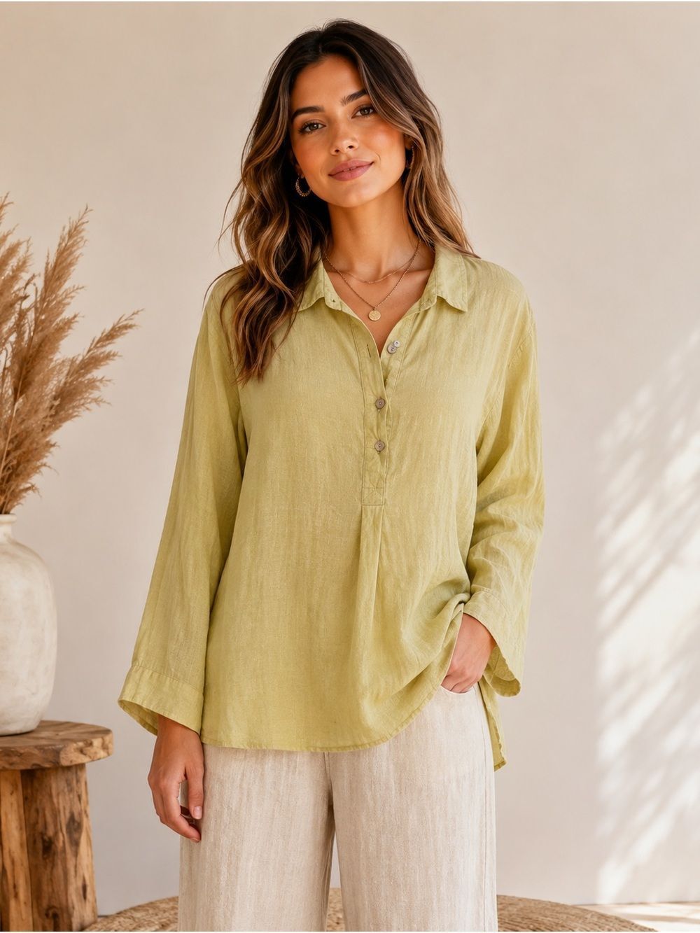 Cynthia Rowley Yellow Green Linen Button-Front Tunic